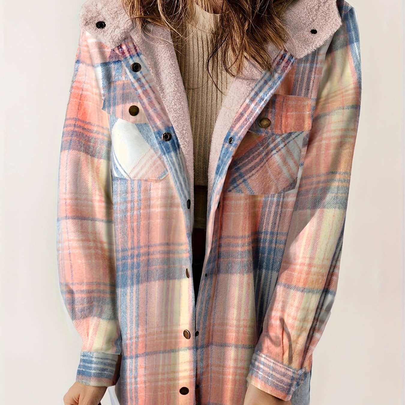 Plaid Pattern Hooded Jacket, Casual Button Front Long Sleeve Outerwear, Women's Clothing