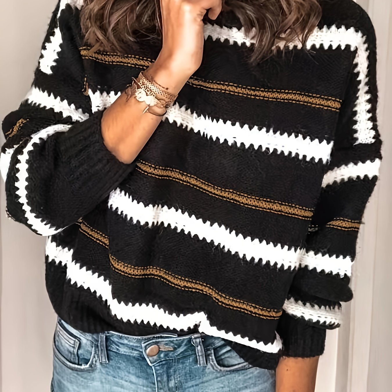 Striped Pattern Crew Neck Knitted Top, Casual Long Sleeve Pullover Sweater For Fall & Winter, Women's Clothing