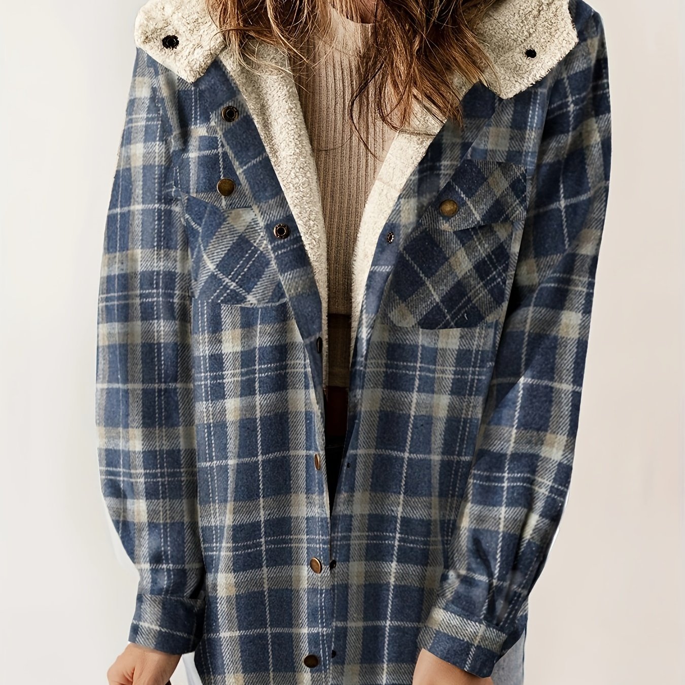 Plaid Pattern Hooded Jacket, Casual Button Front Long Sleeve Outerwear, Women's Clothing