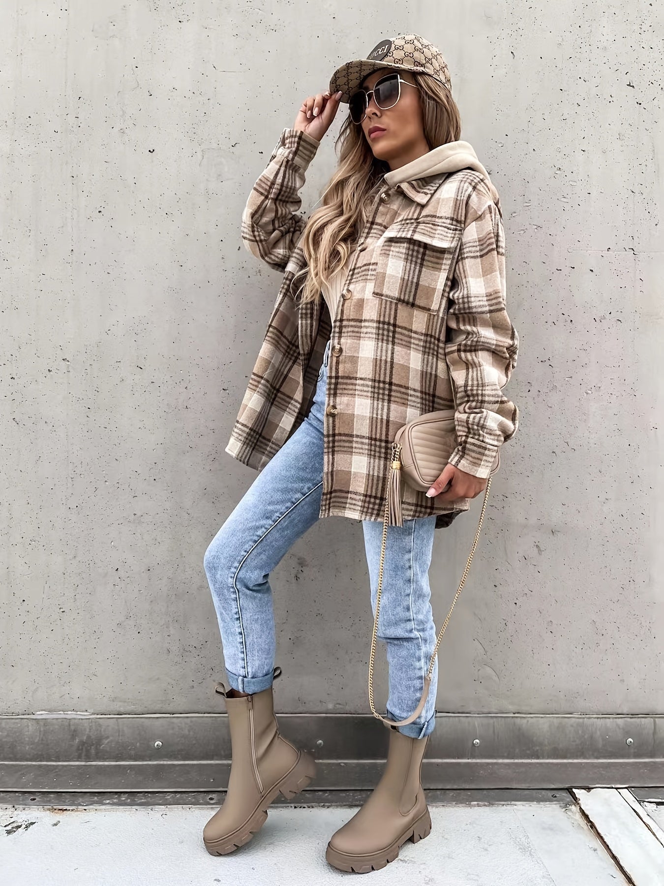 Preppy Button Plaid Drop Shoulder Jacket, Casual Long Sleeve Jacket For Fall & Winter, Women's Clothing