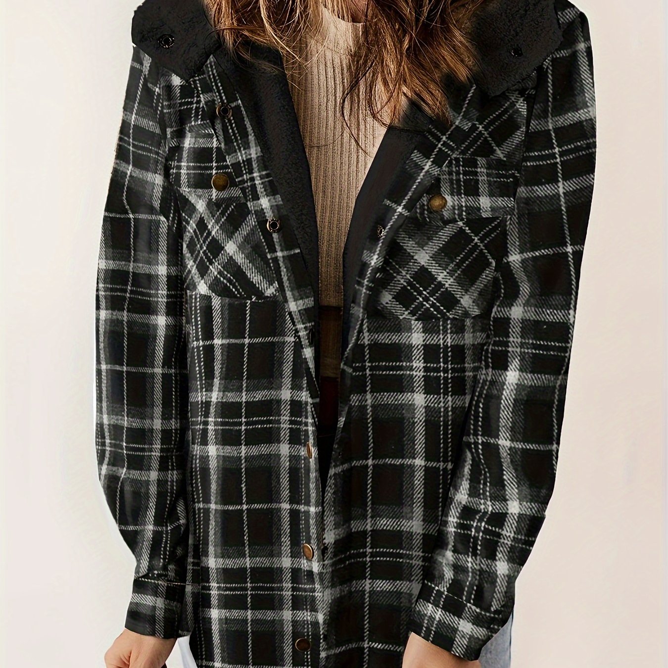 Plaid Pattern Hooded Jacket, Casual Button Front Long Sleeve Outerwear, Women's Clothing