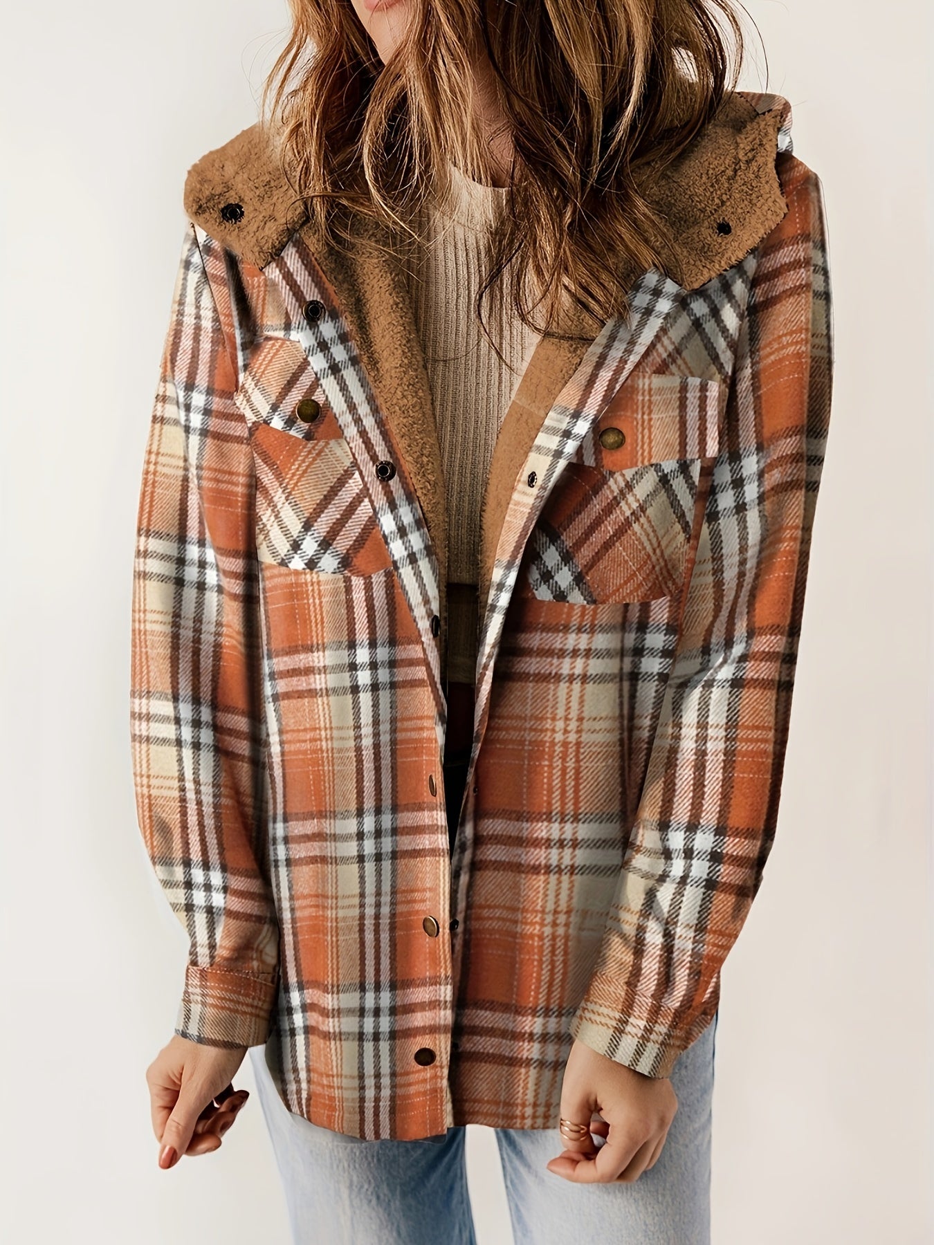 Plaid Pattern Hooded Jacket, Casual Button Front Long Sleeve Outerwear, Women's Clothing