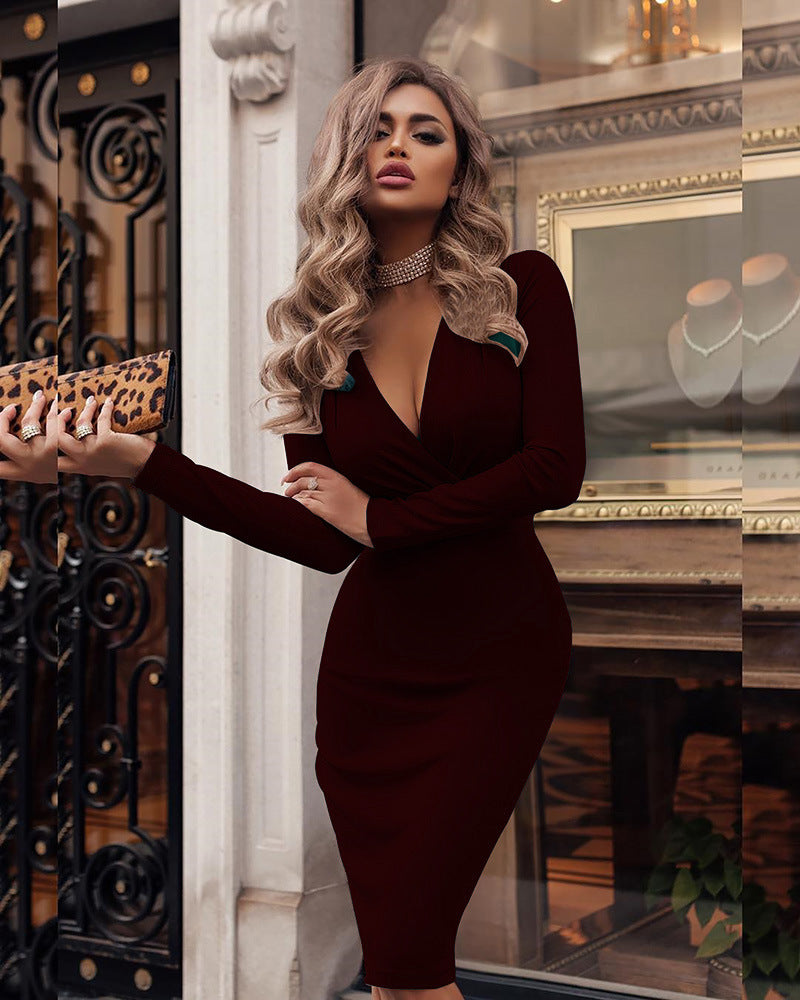 Sexy Spring Autumn Deep V Long Sleeve Solid Color Bodycon Dress