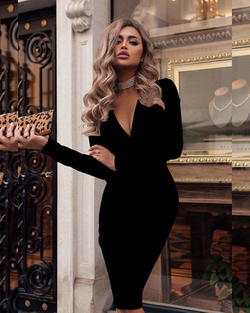 Sexy Spring Autumn Deep V Long Sleeve Solid Color Bodycon Dress