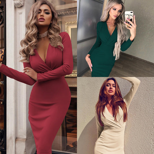 Sexy Spring Autumn Deep V Long Sleeve Solid Color Bodycon Dress