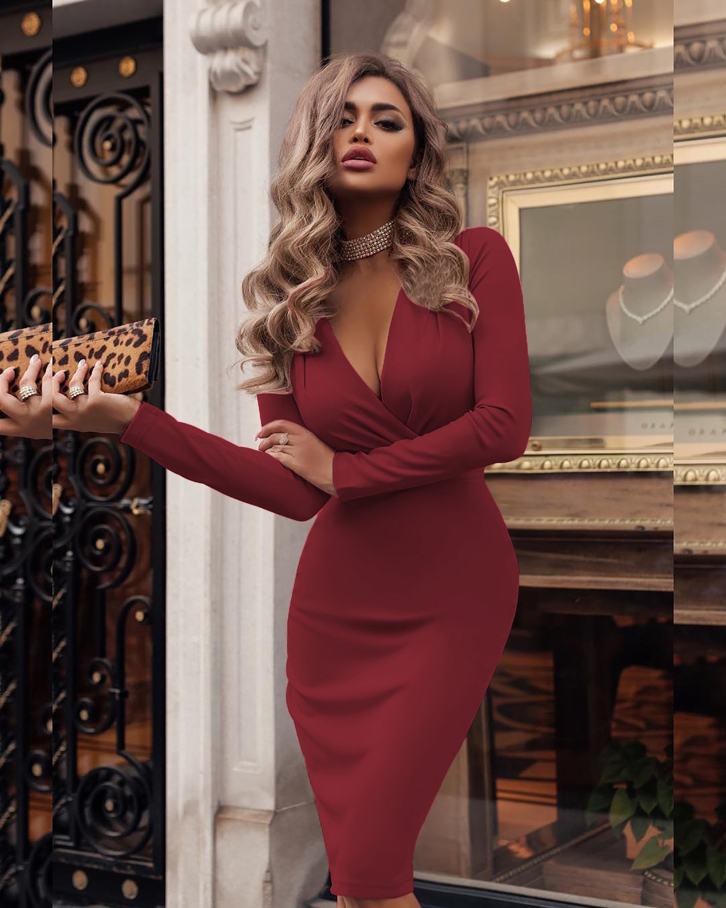 Sexy Spring Autumn Deep V Long Sleeve Solid Color Bodycon Dress