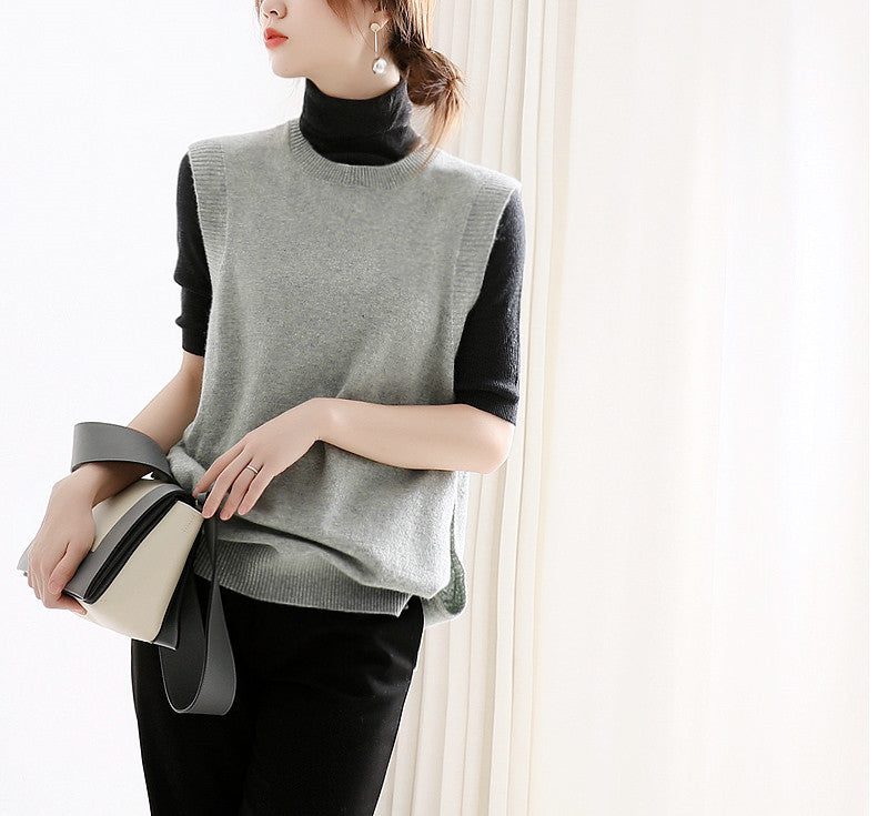 Round Neck Pullover Button Wool Knitted Loose Vest