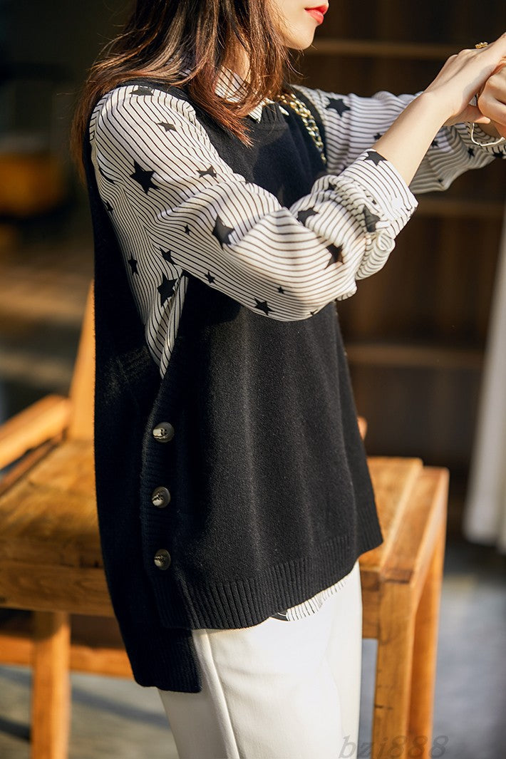 Round Neck Pullover Button Wool Knitted Loose Vest