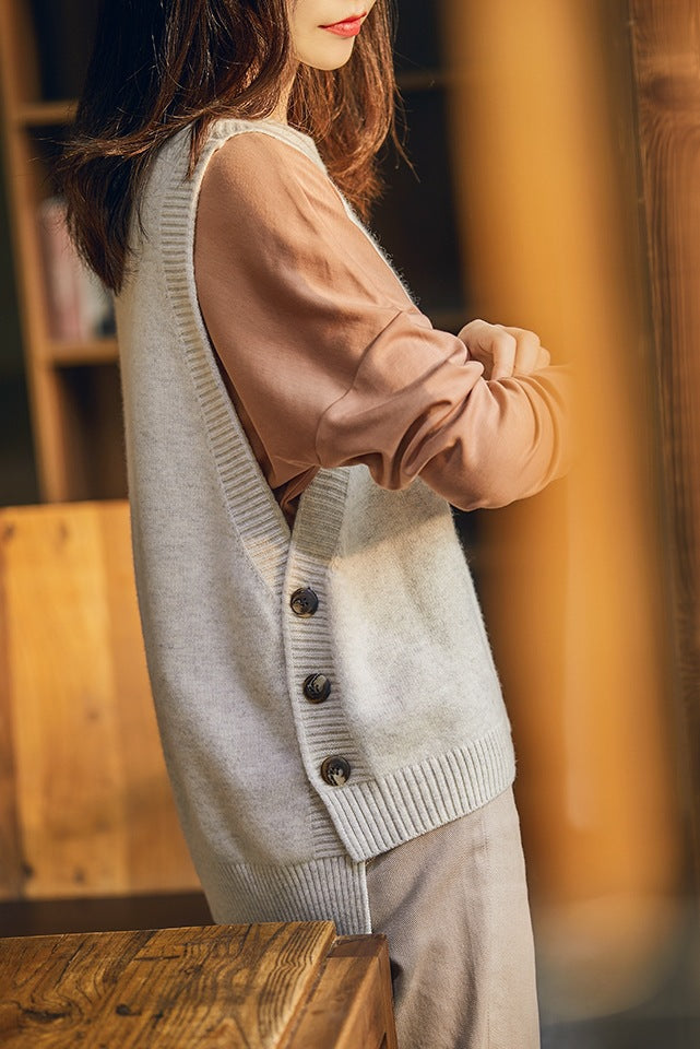 Round Neck Pullover Button Wool Knitted Loose Vest