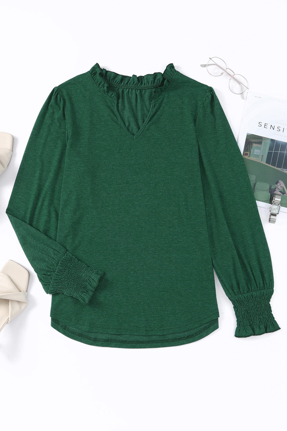 Ribbed Black Green Frill V Neck Puff Long Sleeve Fashion Tops Blouse