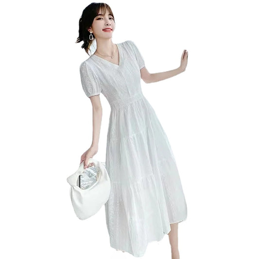 French Vintage V-neck Gentle Long Slim Lace White Embroidered Dress