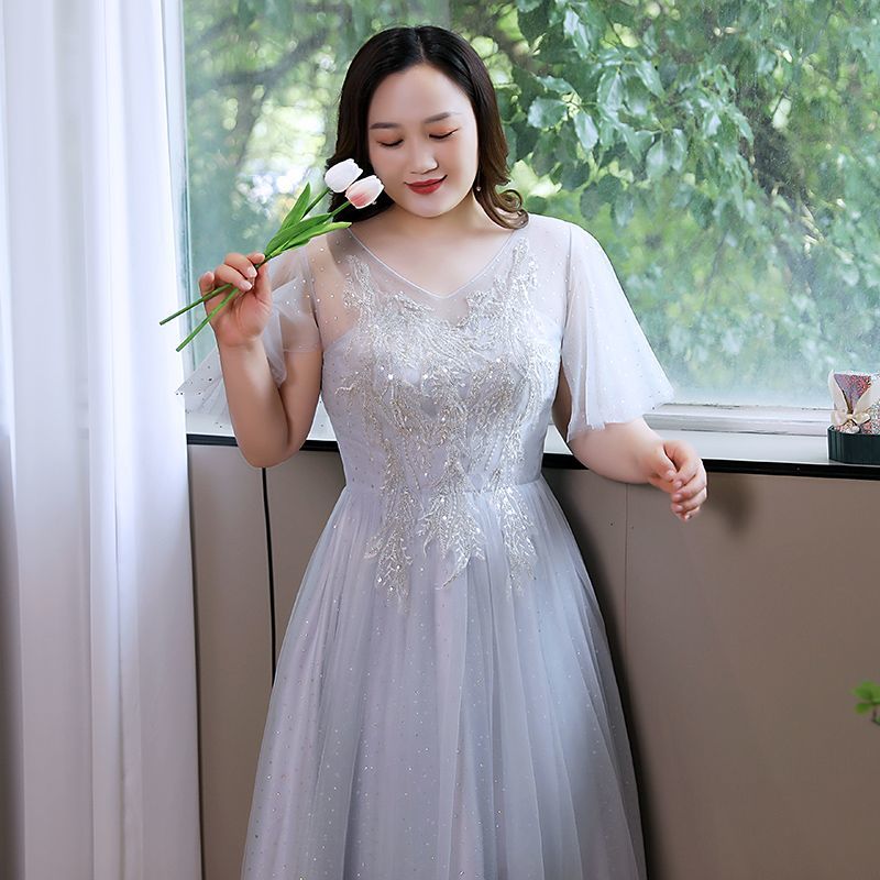 Large Size Embroidery Gray Bridesmaid Dress