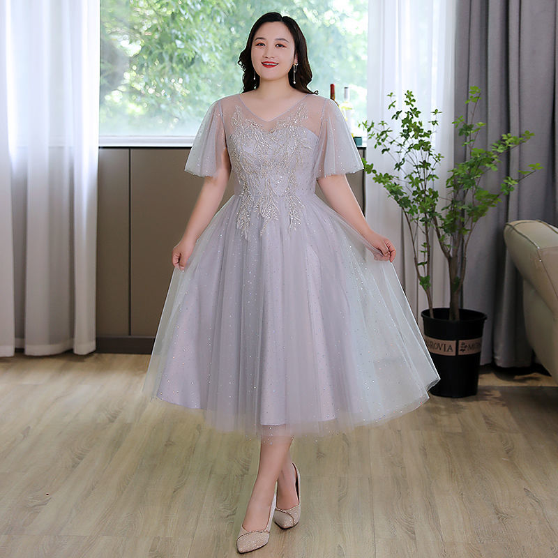 Large Size Embroidery Gray Bridesmaid Dress