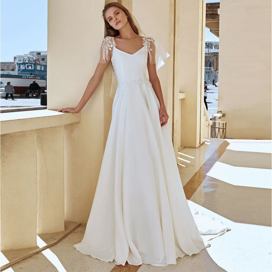 Elegant Floor Length V-Neck Wedding Dresses High Quality Jersey Appliques Short Sleeve Zipper Back A-Line Bridal Gowns 2022 New