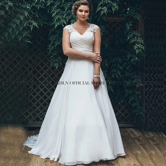 Elegant Plus Size Wedding Dresses 2021 Chiffon Pleats Elegant Vestido de Novia Custom Made V-neck Cap Sleeves Bridal Dress