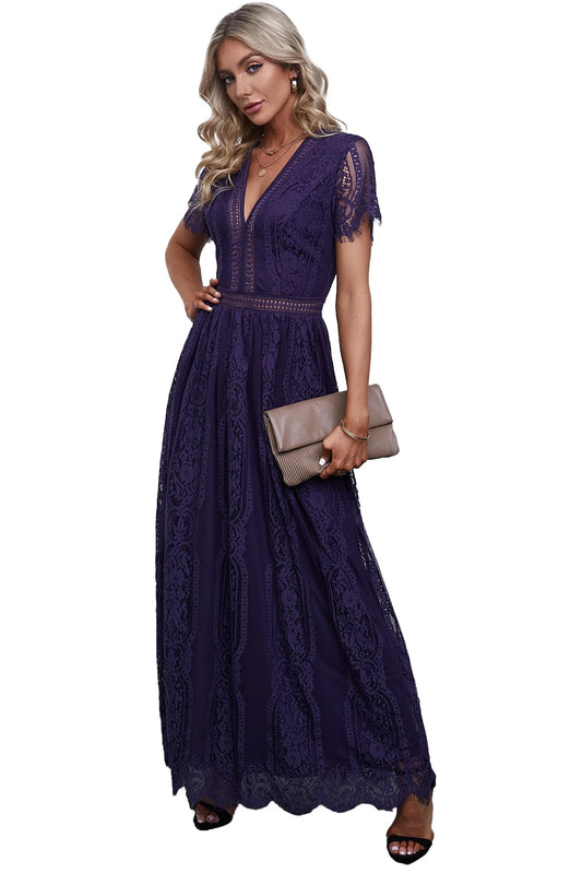 Elegant V-neck Lace Maxi Formal Evening Dress