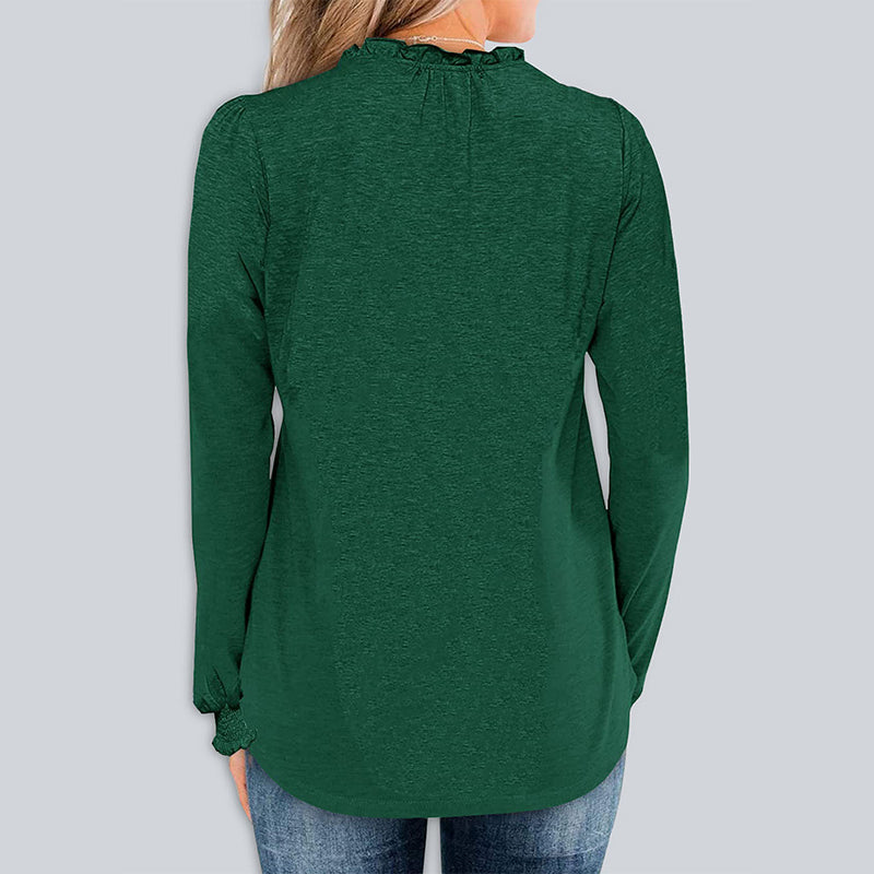 Ribbed Black Green Frill V Neck Puff Long Sleeve Fashion Tops Blouse