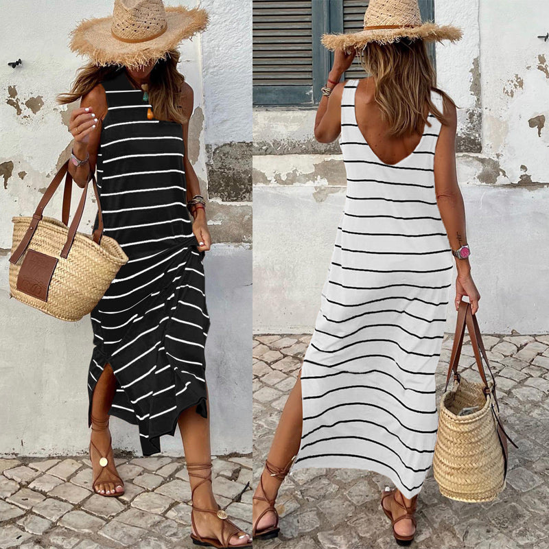 2023 Summer Casual Loose Mini T Shirt Long Striped Dress