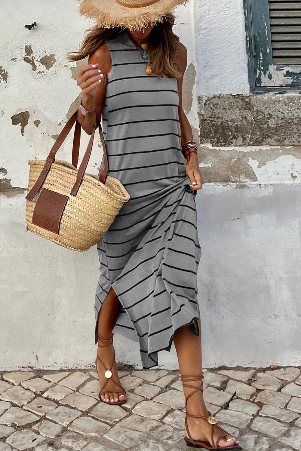 2023 Summer Casual Loose Mini T Shirt Long Striped Dress