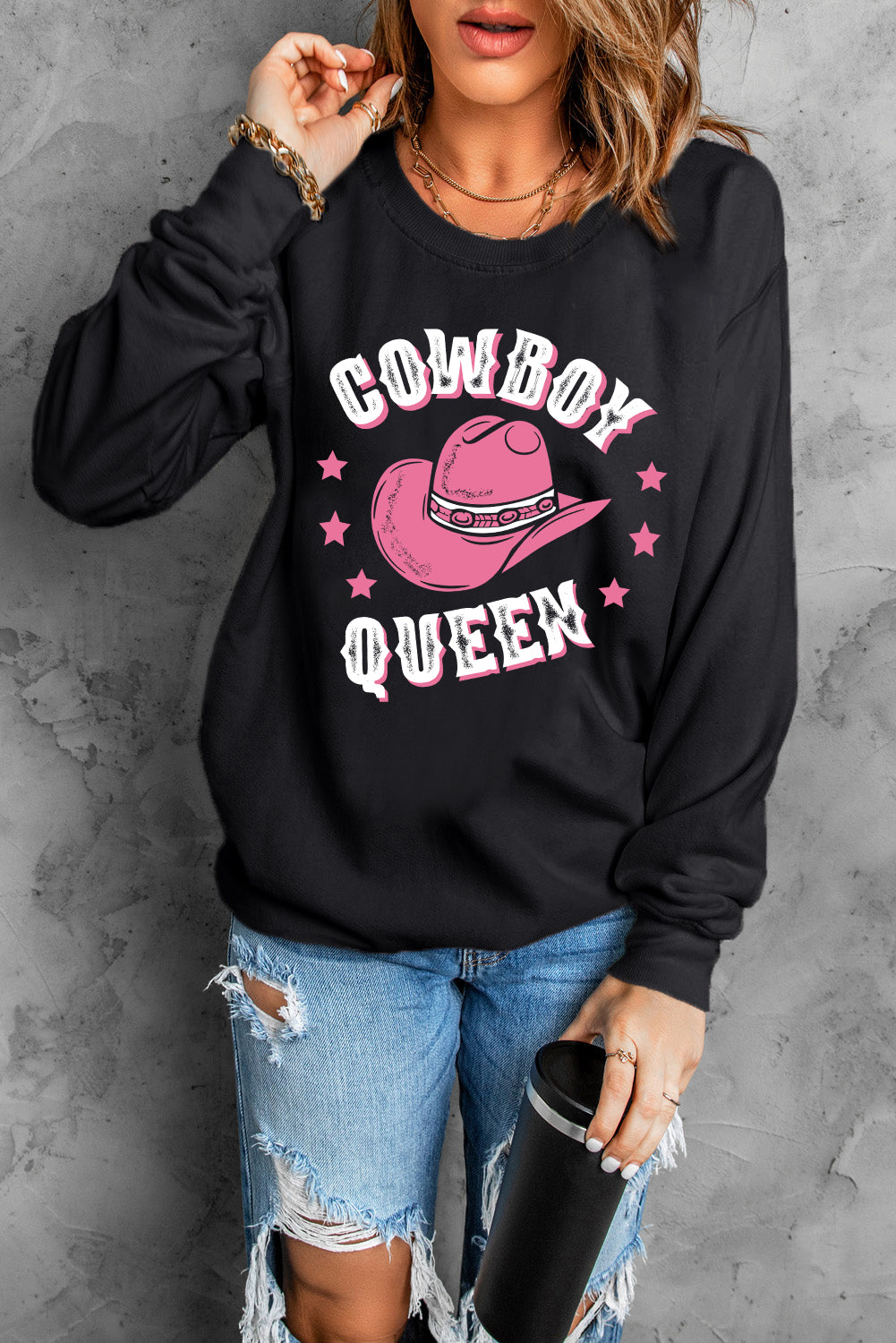 Black COWBOY QUEEN Hat Graphic Print Pullover Sweatshirt