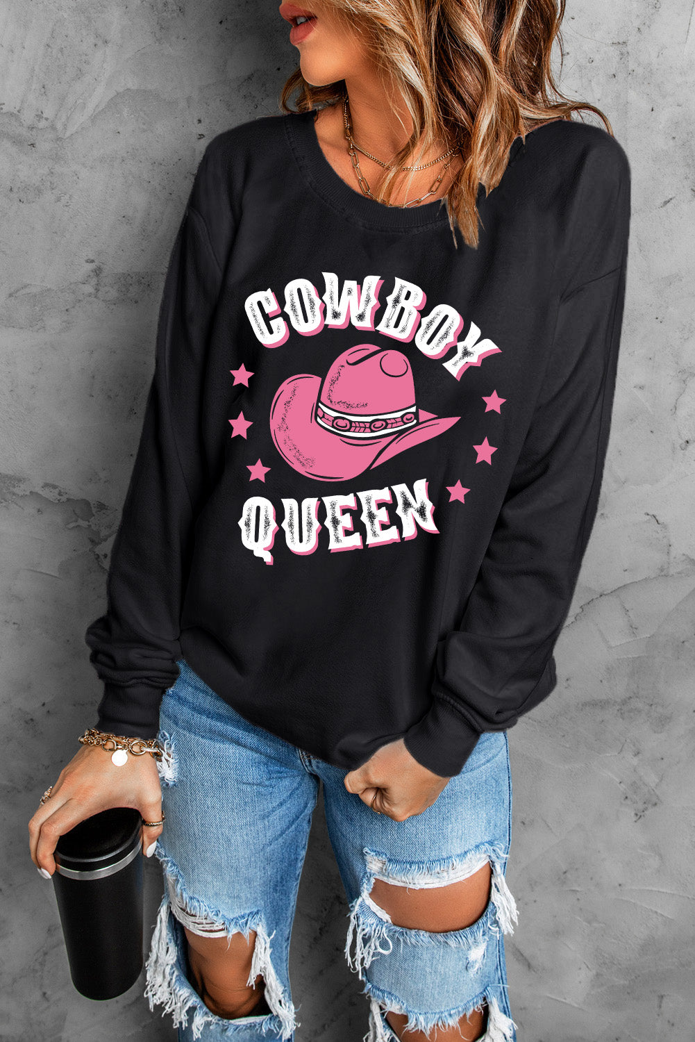 Black COWBOY QUEEN Hat Graphic Print Pullover Sweatshirt