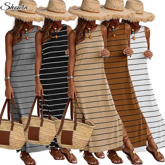 2023 Summer Casual Loose Mini T Shirt Long Striped Dress