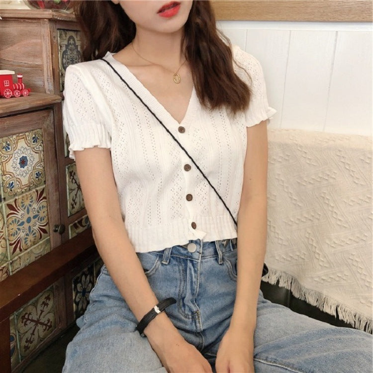 V-neck Korean Hollow Thin Retro Cardigan