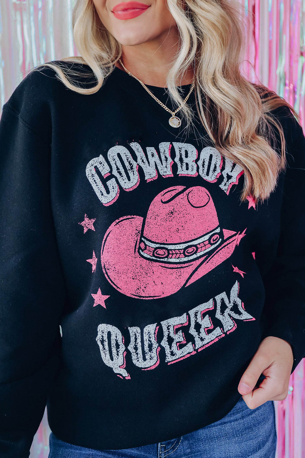 Black COWBOY QUEEN Hat Graphic Print Pullover Sweatshirt