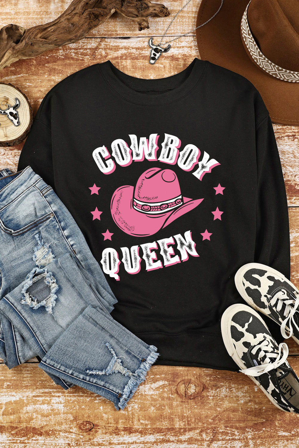 Black COWBOY QUEEN Hat Graphic Print Pullover Sweatshirt