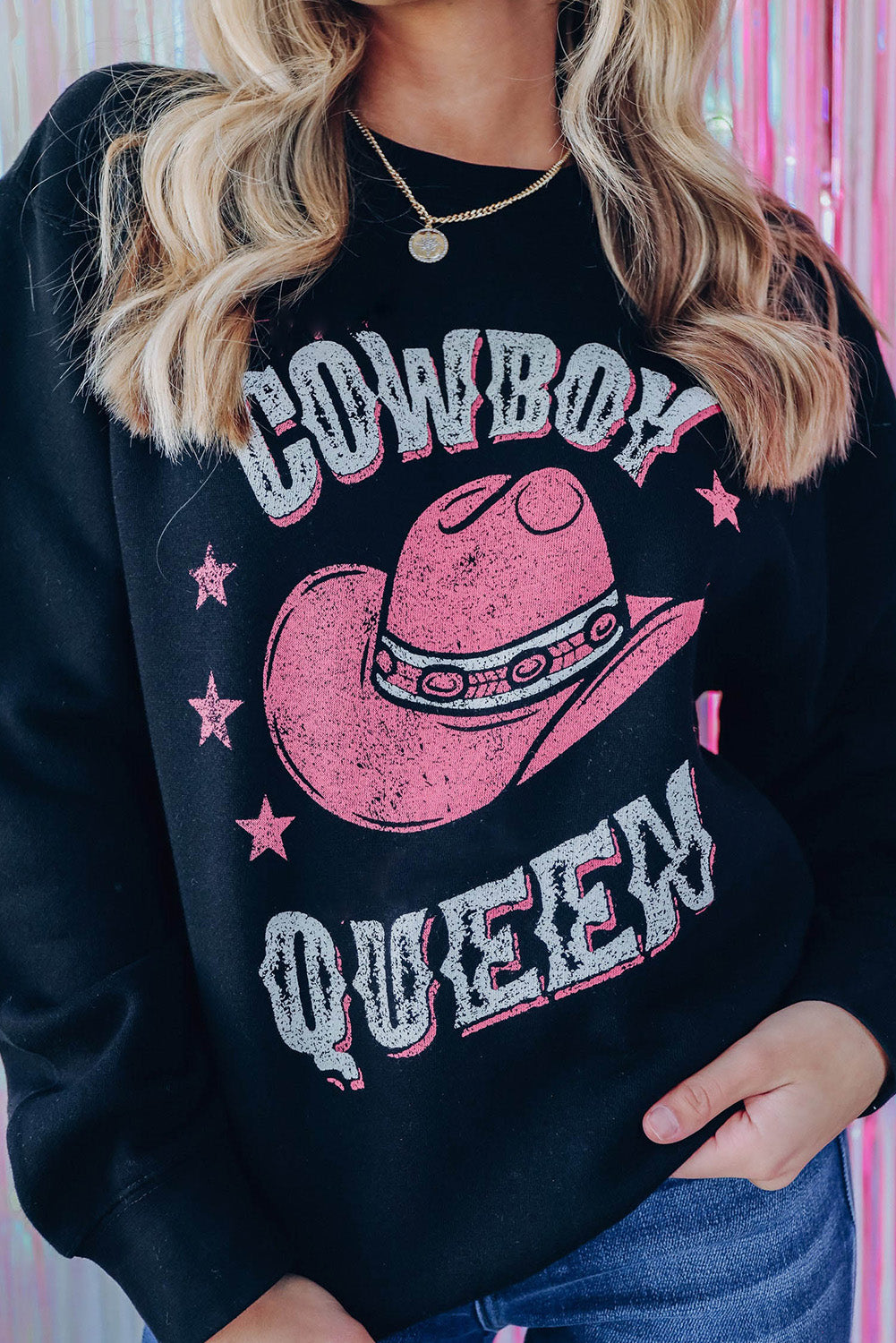 Black COWBOY QUEEN Hat Graphic Print Pullover Sweatshirt