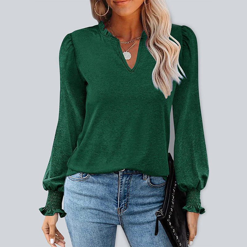 Ribbed Black Green Frill V Neck Puff Long Sleeve Fashion Tops Blouse