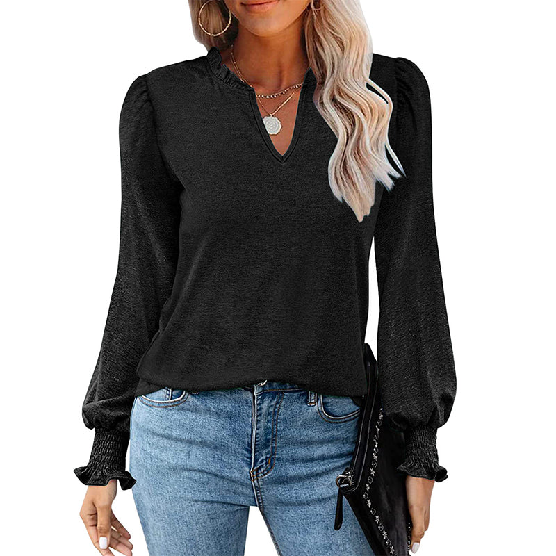 Ribbed Black Green Frill V Neck Puff Long Sleeve Fashion Tops Blouse