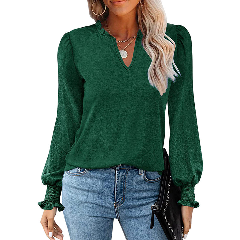 Ribbed Black Green Frill V Neck Puff Long Sleeve Fashion Tops Blouse