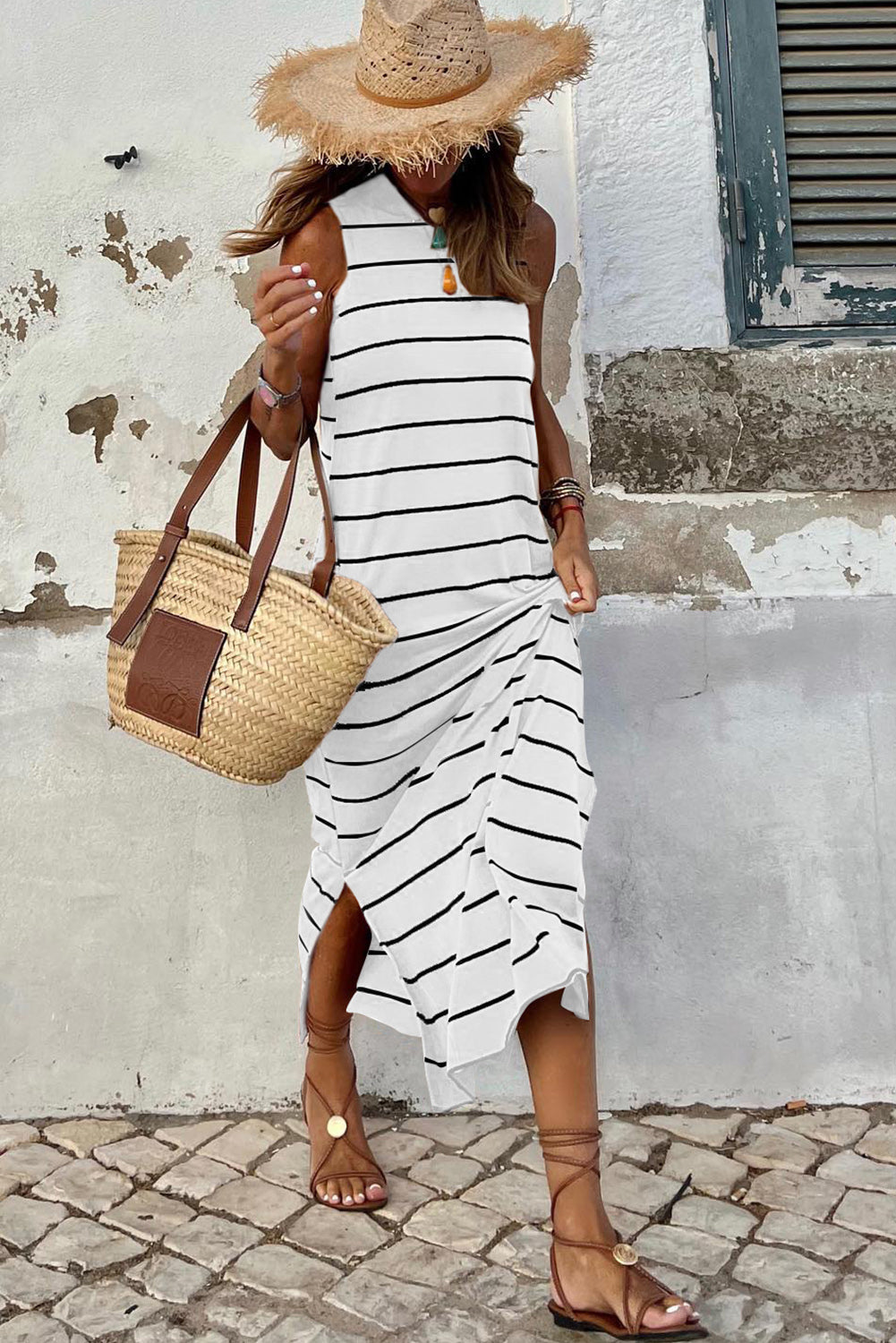 2023 Summer Casual Loose Mini T Shirt Long Striped Dress