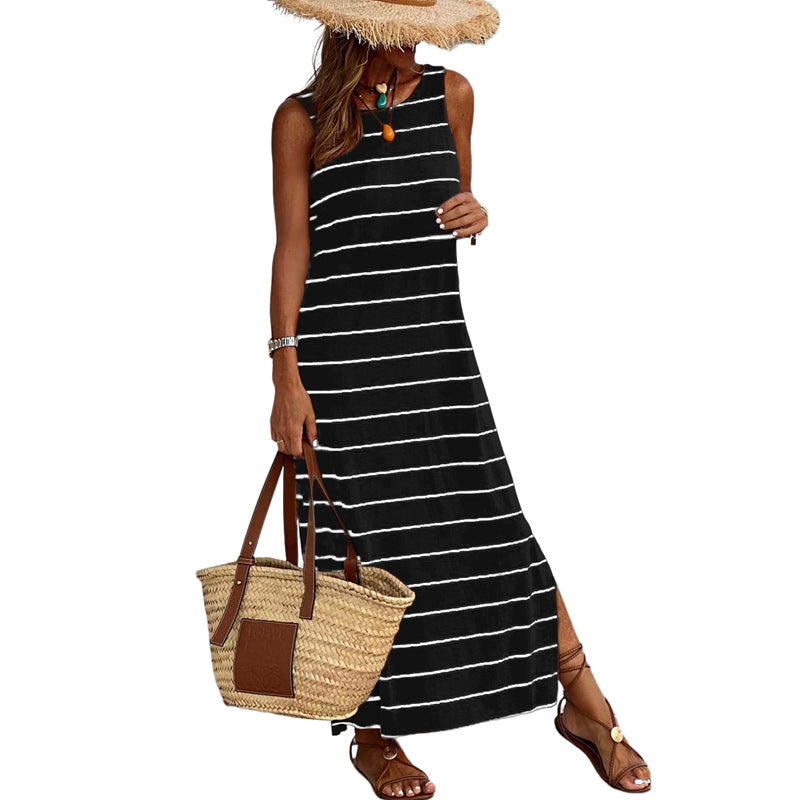 2023 Summer Casual Loose Mini T Shirt Long Striped Dress