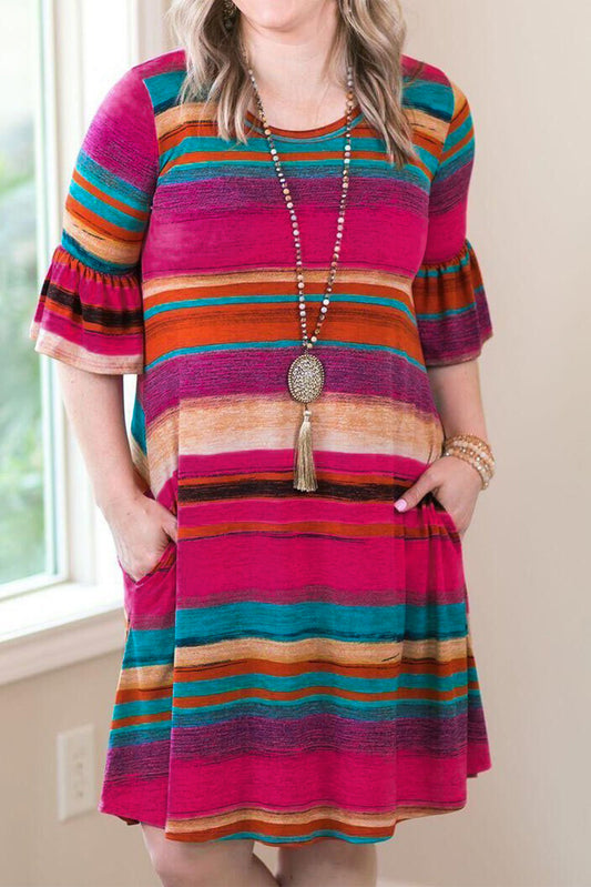 Women Clothing Multicolor Ruffled Sleeves Serape Print Plus Size Maxi Dress