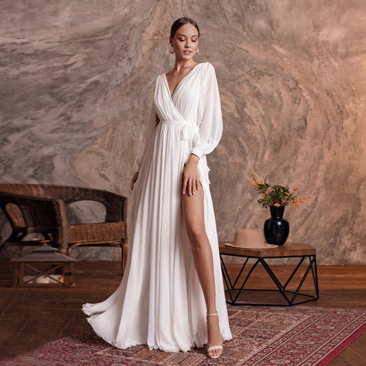 Sexy V Neck Long Sleeves Plain Chiffon A Line Beach Wedding Gown