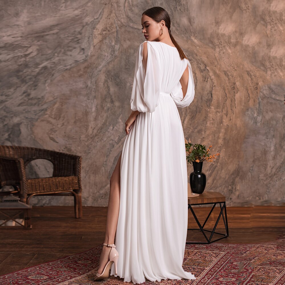 Sexy V Neck Long Sleeves Plain Chiffon A Line Beach Wedding Gown