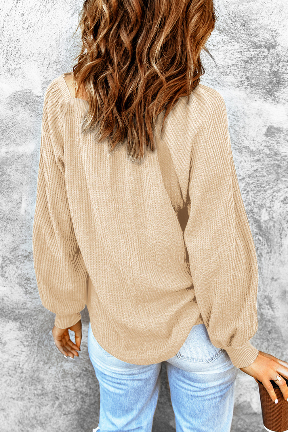 Square Neck Puff Sleeve Waffle Knit Top