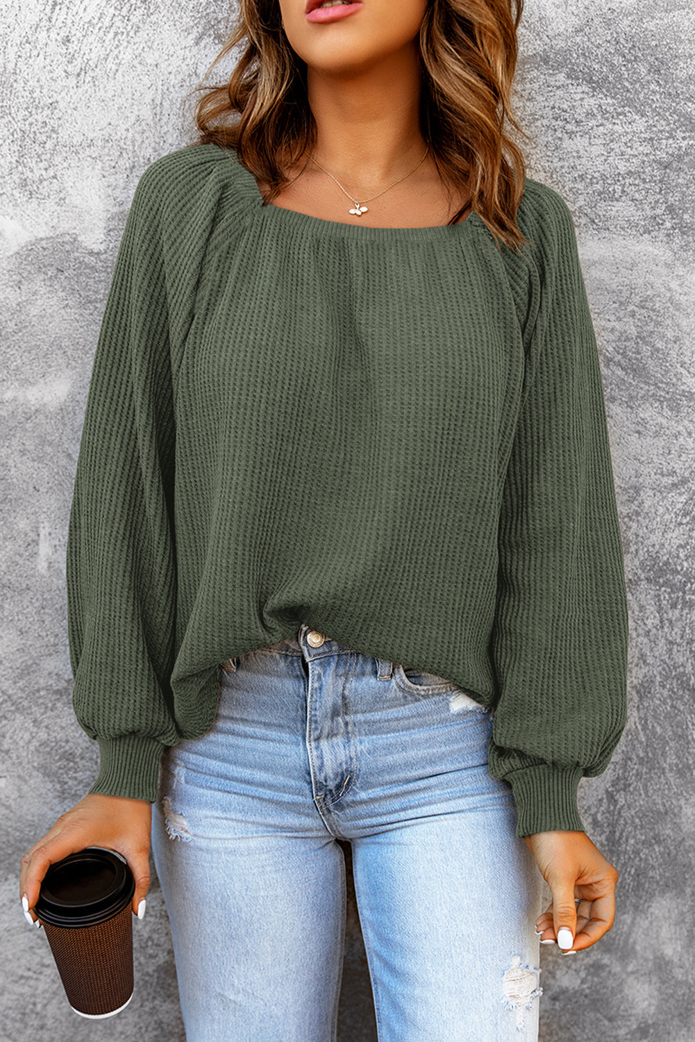 Square Neck Puff Sleeve Waffle Knit Top