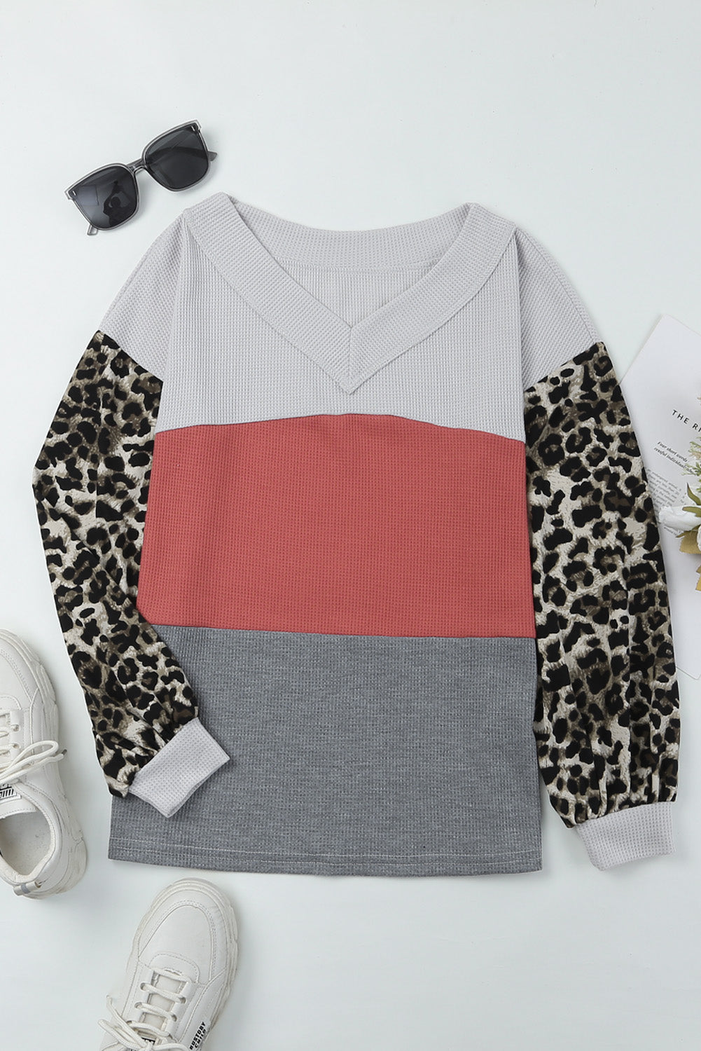 Red Wild Leopard Contrast Sleeve Colorblock Waffle Knit Top