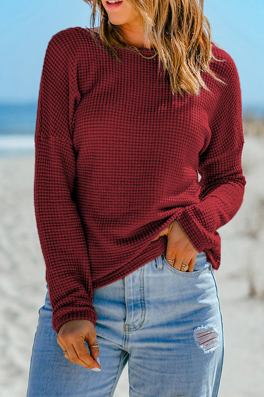 Waffle Knit Drop Shoulder Long Sleeve Top