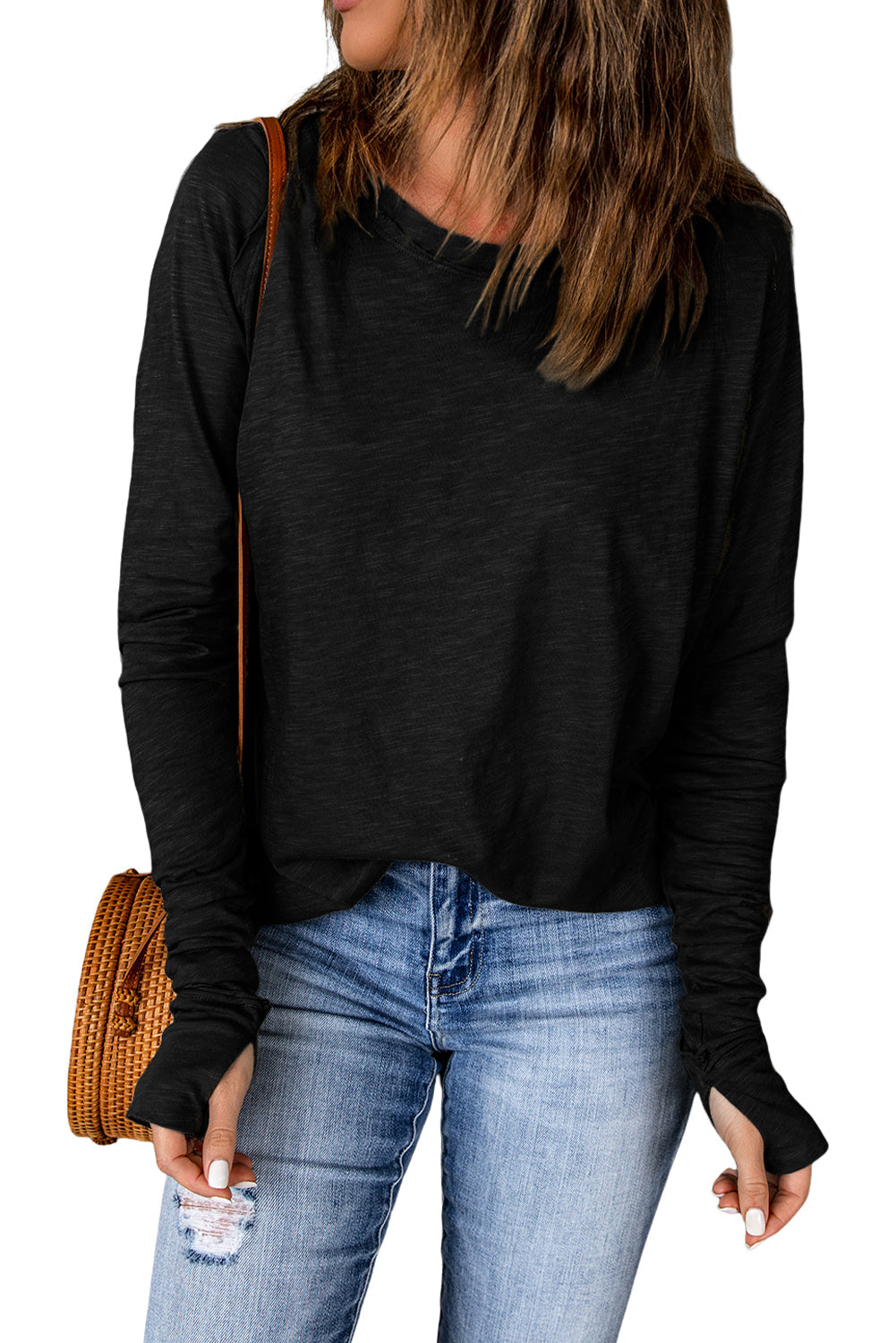 Solid Crew Neck Long Sleeve Long Sweatshirt