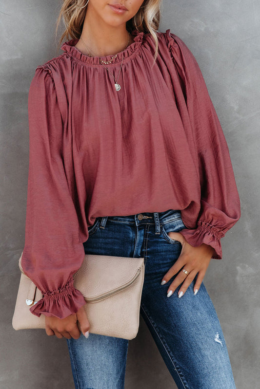 Red Frilled Neck Ruffled Long Sleeve Blouse