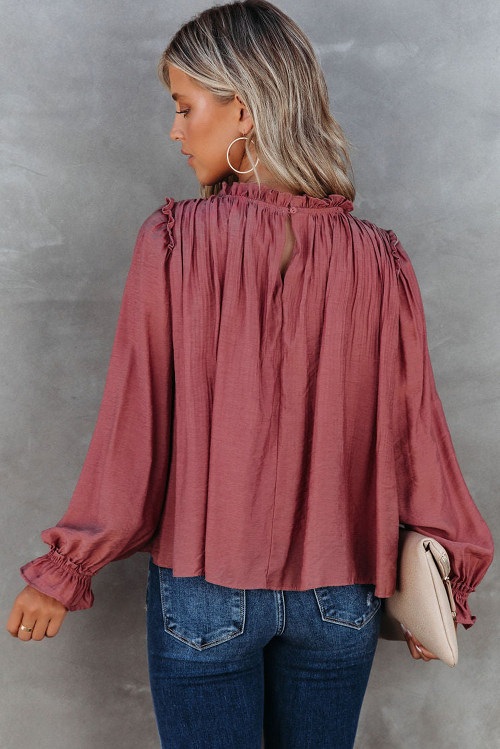 Red Frilled Neck Ruffled Long Sleeve Blouse