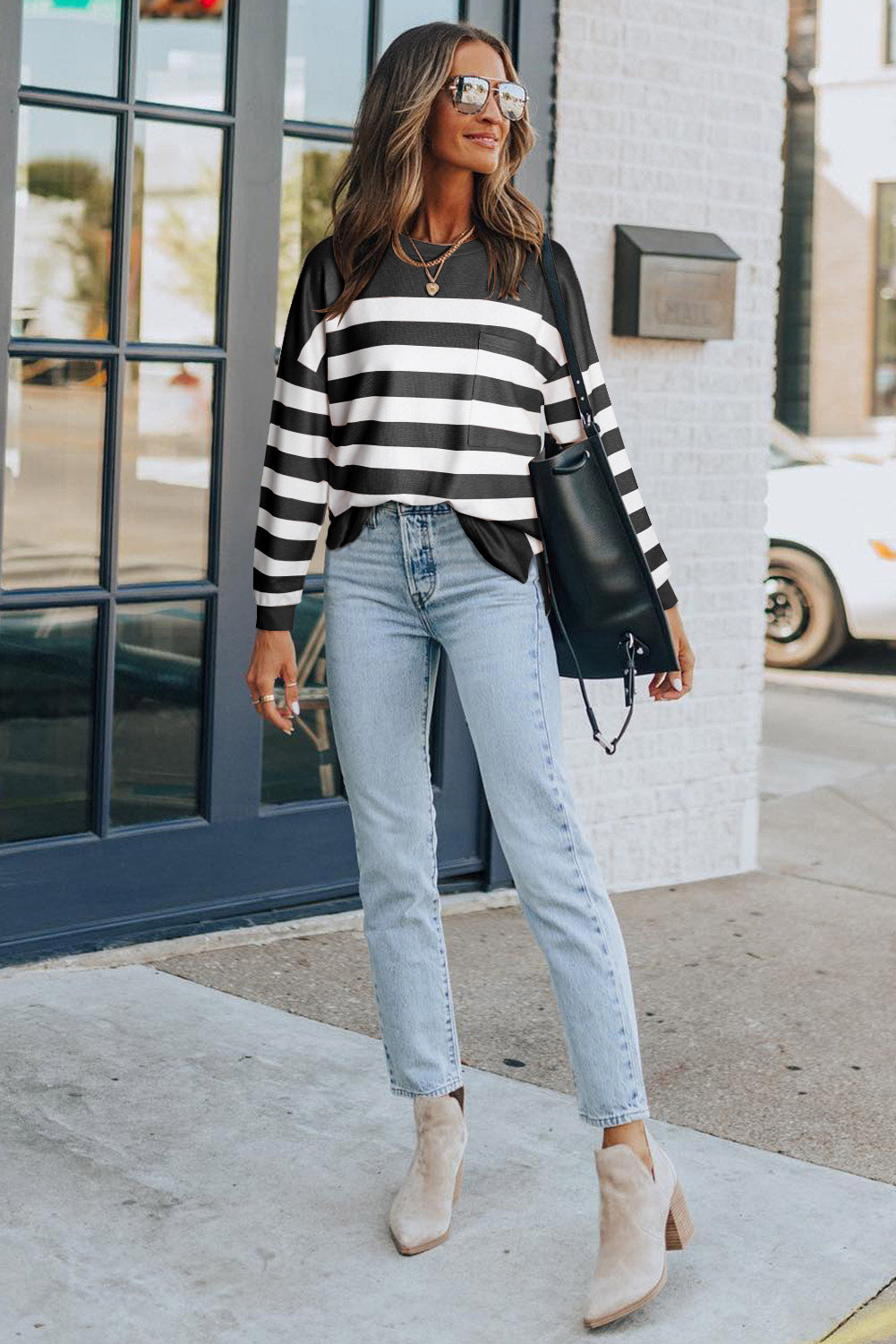 Stripe Striped Print Pocketed Long Sleeve Top with Slits