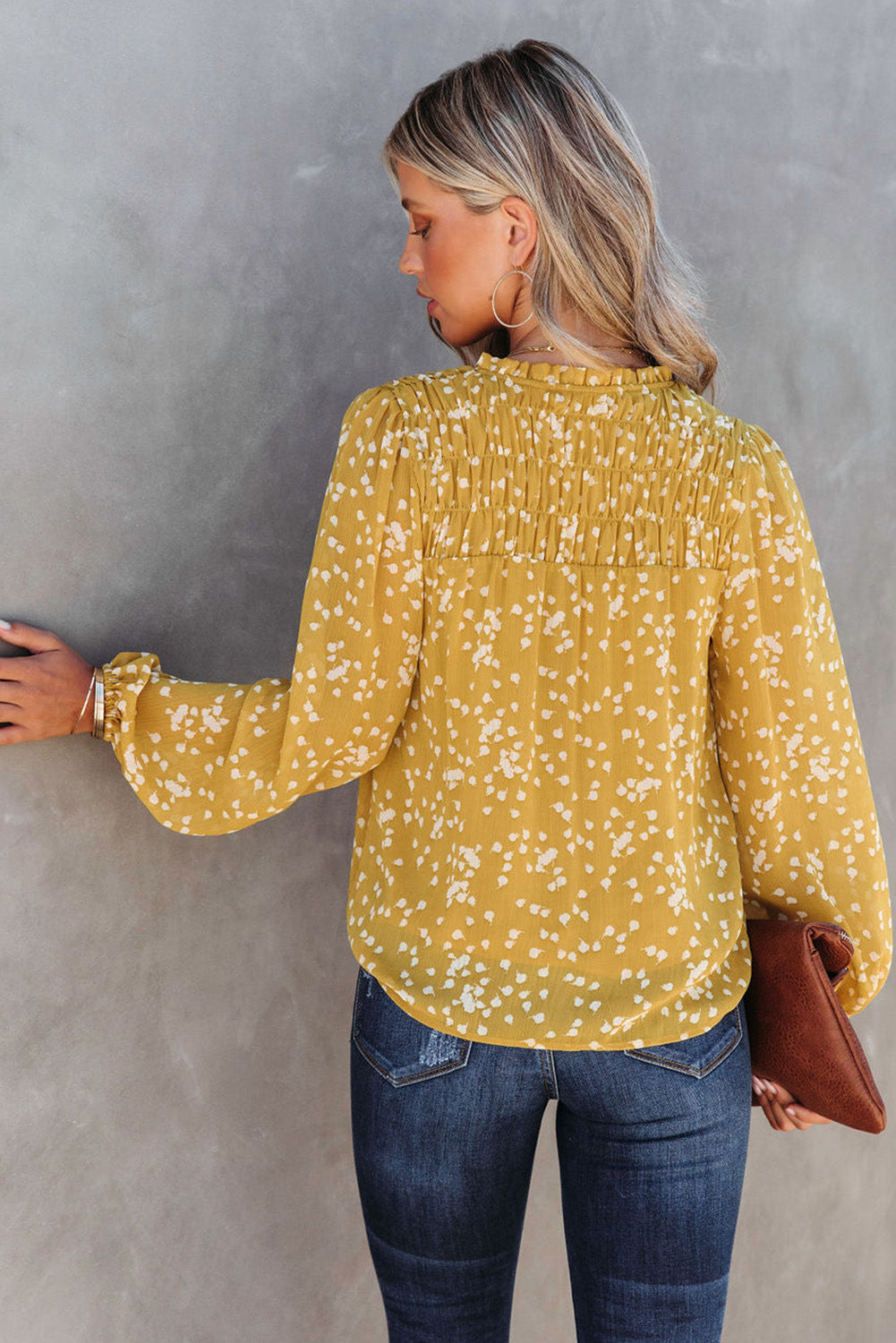 Yellow Split Neck Fall Printed Crinkled Blouse