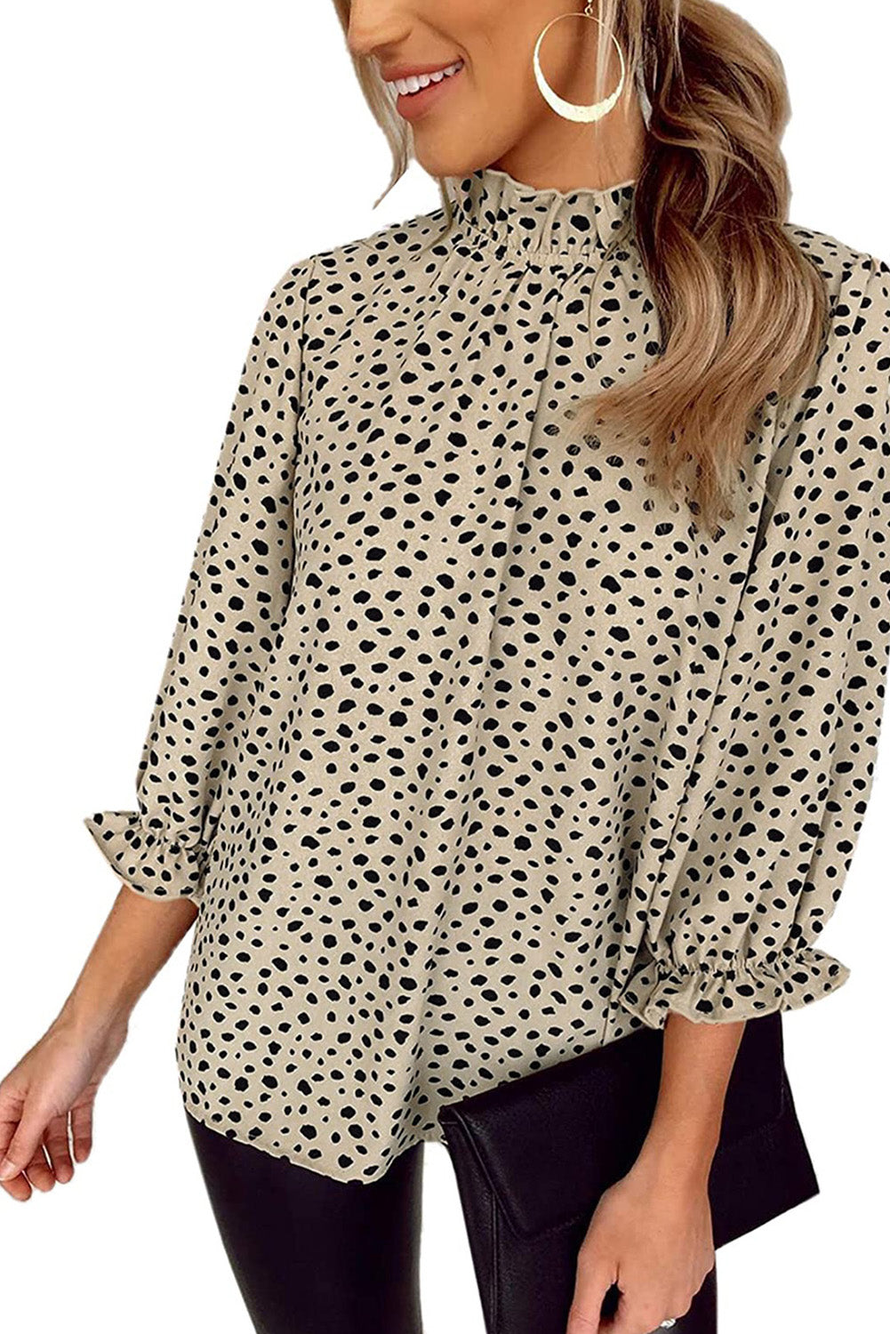 Frilled Neck 3/4 Sleeves Cheetah Blouse