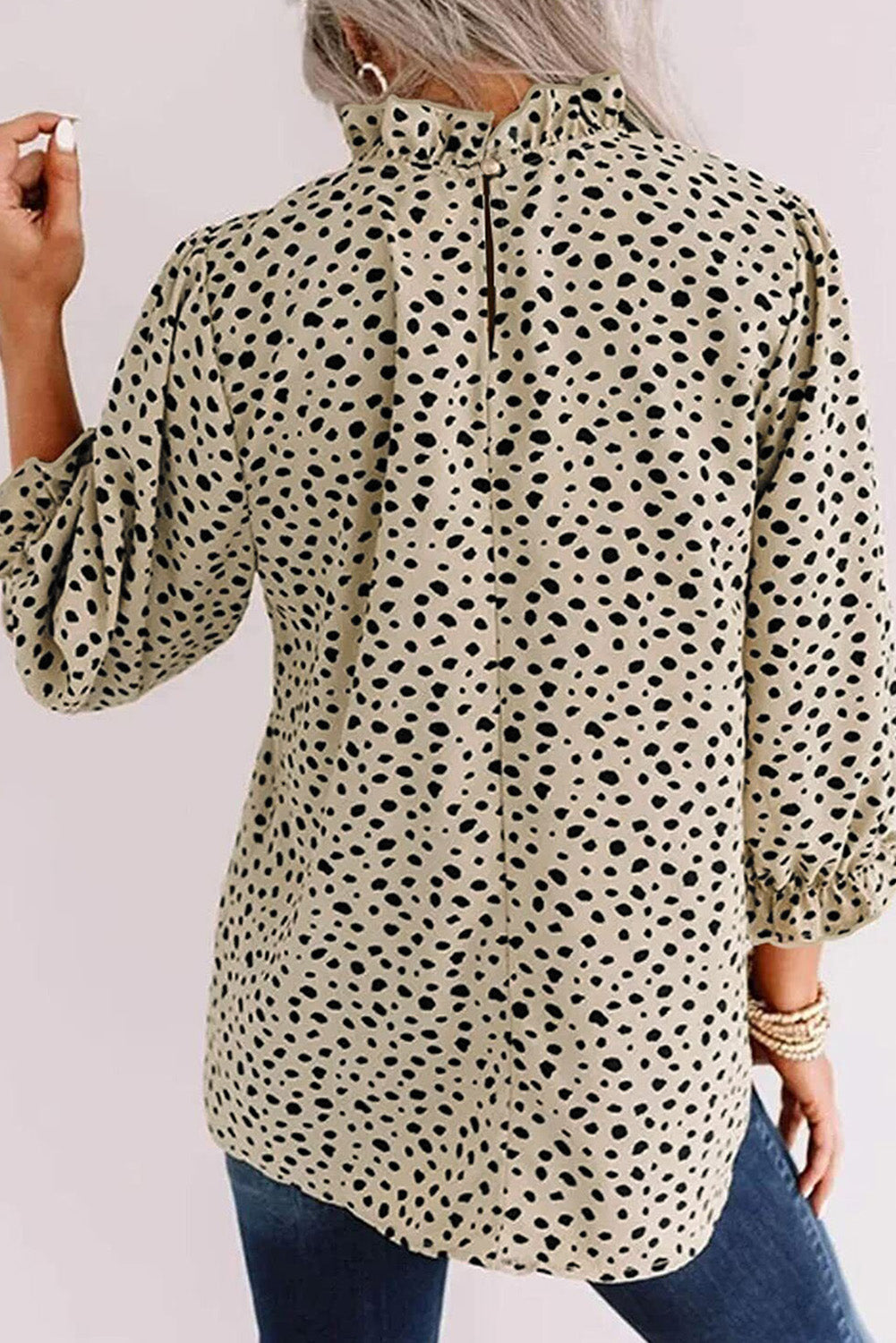 Frilled Neck 3/4 Sleeves Cheetah Blouse