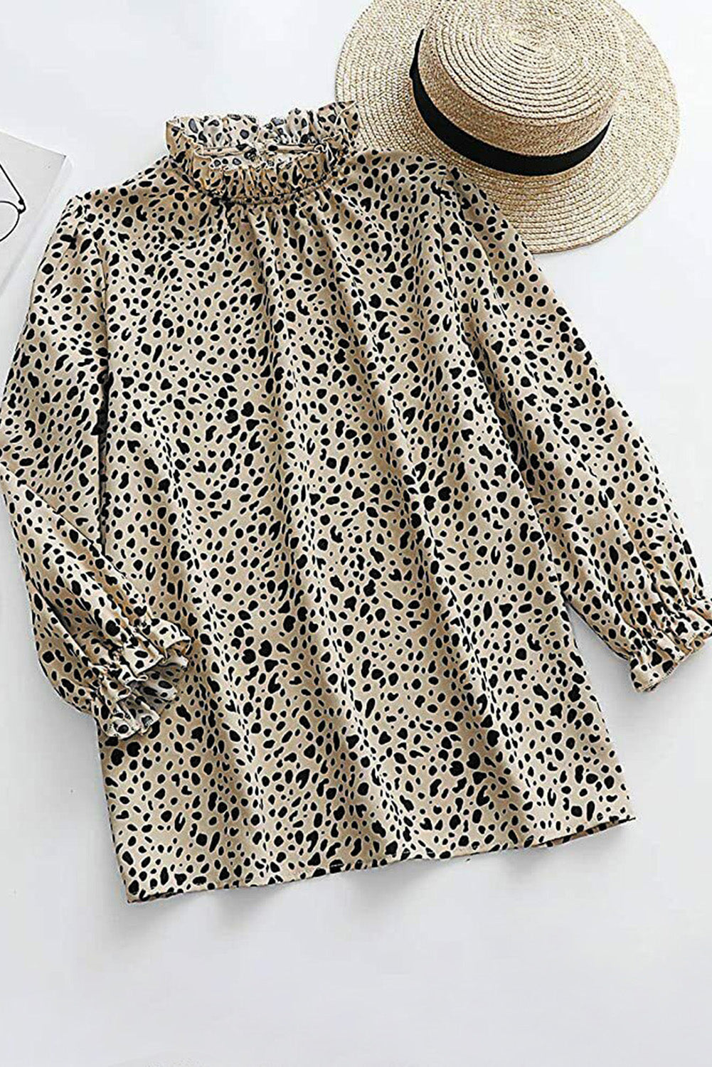 Frilled Neck 3/4 Sleeves Cheetah Blouse